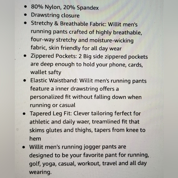 NWT WILLIT MENS STRETCH LIGHTWEIGHT JOGGERS WORKOUT ZIPPER POCKET PANTS - Picture 7 of 9